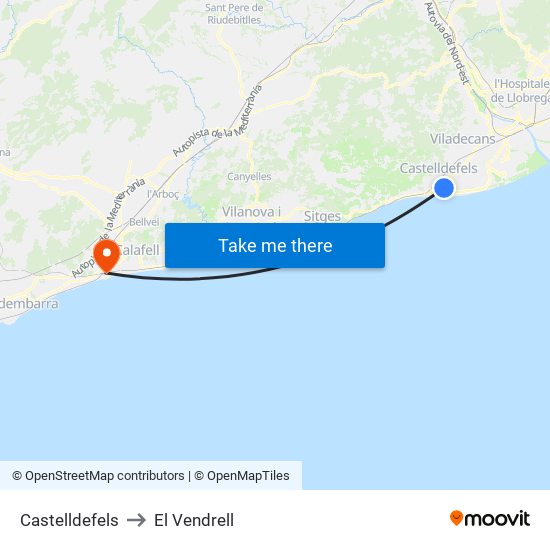 Castelldefels to El Vendrell map