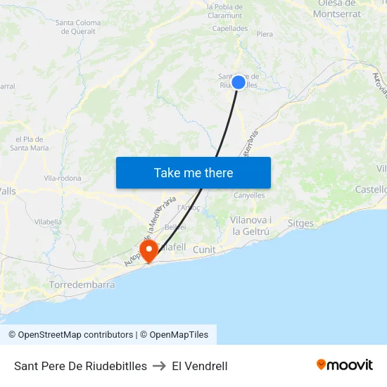 Sant Pere De Riudebitlles to El Vendrell map