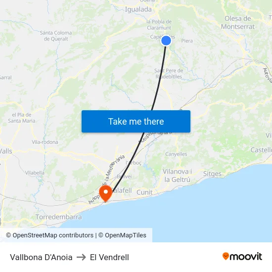 Vallbona D'Anoia to El Vendrell map
