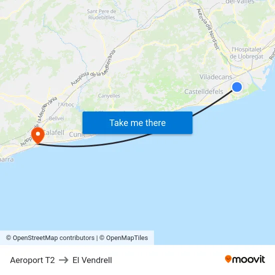 Aeroport T2 to El Vendrell map