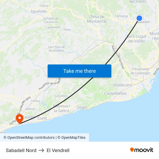 Sabadell Nord to El Vendrell map