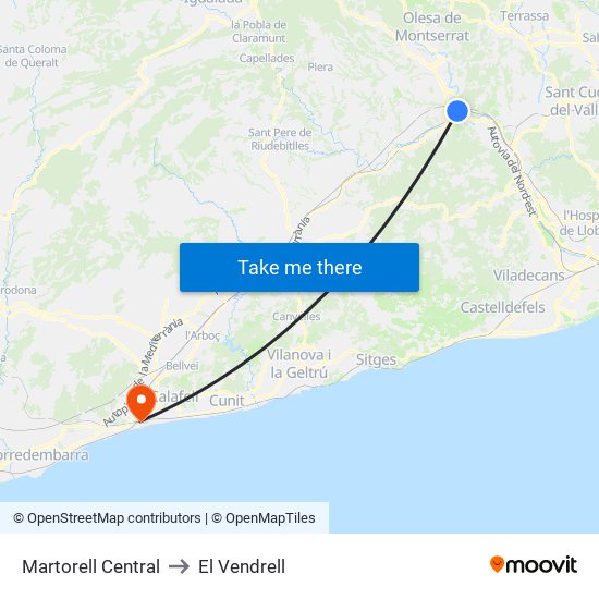 Martorell Central to El Vendrell map