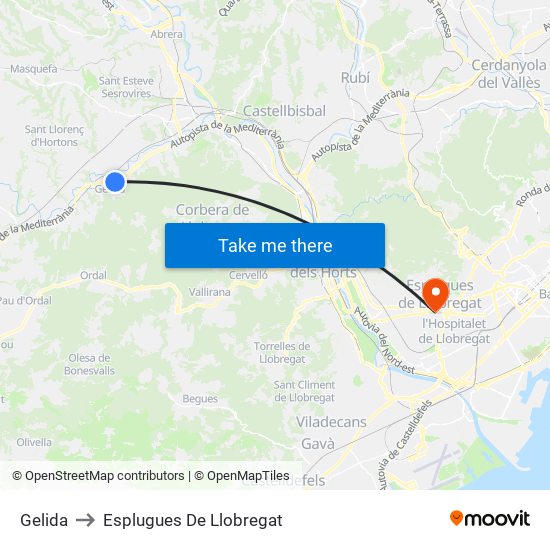 Gelida to Esplugues De Llobregat map