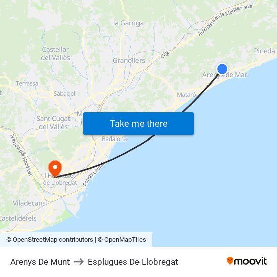 Arenys De Munt to Esplugues De Llobregat map