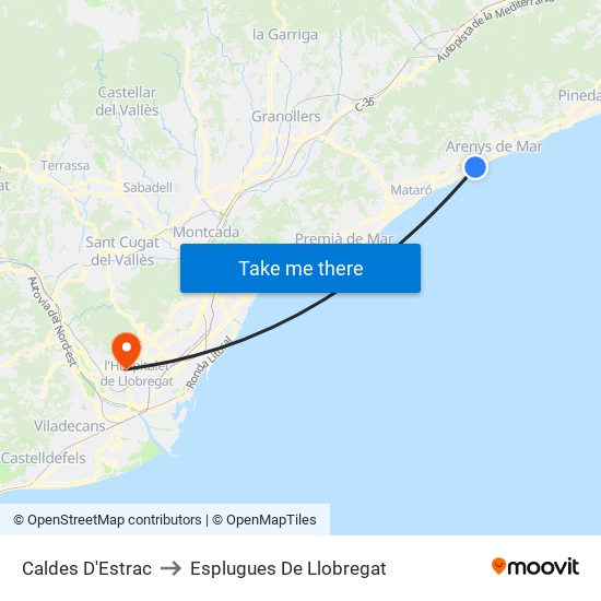 Caldes D'Estrac to Esplugues De Llobregat map