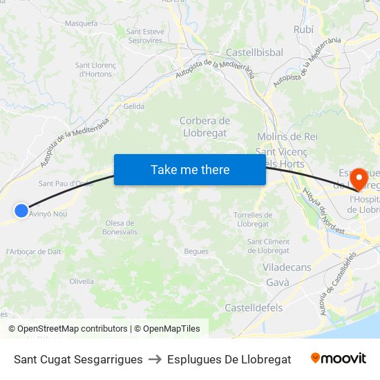 Sant Cugat Sesgarrigues to Esplugues De Llobregat map