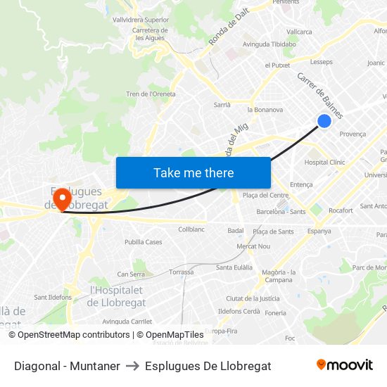 Diagonal - Muntaner to Esplugues De Llobregat map