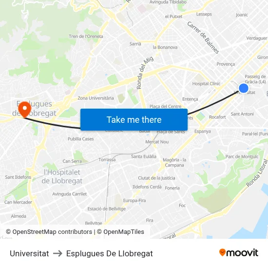 Universitat to Esplugues De Llobregat map