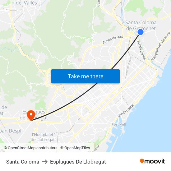 Santa Coloma to Esplugues De Llobregat map