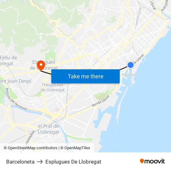 Barceloneta to Esplugues De Llobregat map