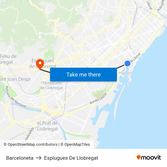 Barceloneta to Esplugues De Llobregat map