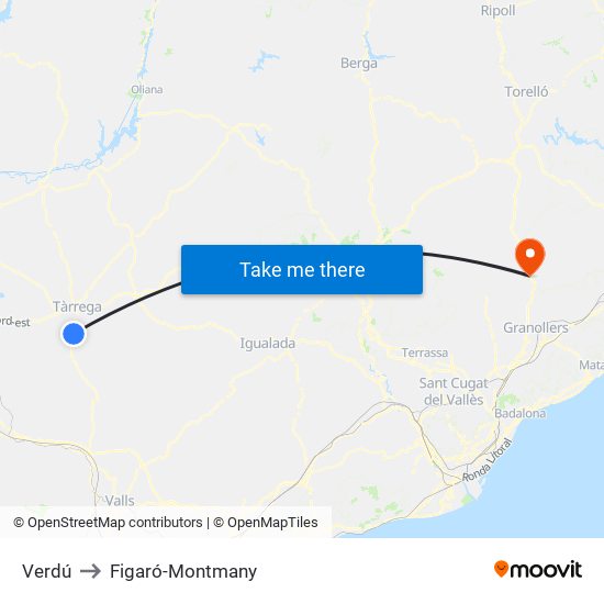 Verdú to Figaró-Montmany map