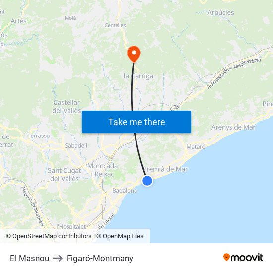 El Masnou to Figaró-Montmany map