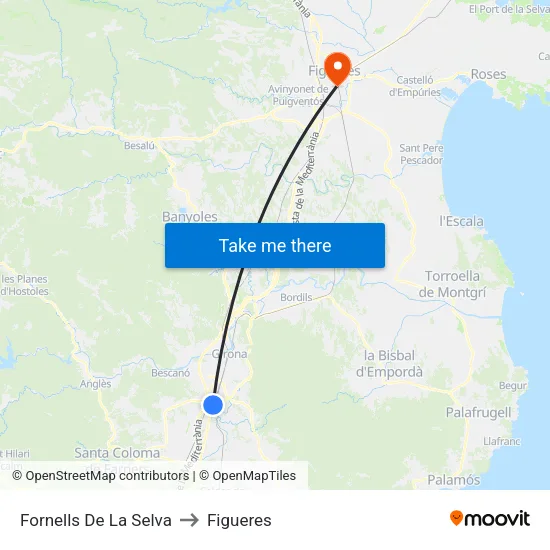 Fornells De La Selva to Figueres map