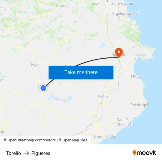 Torelló to Figueres map