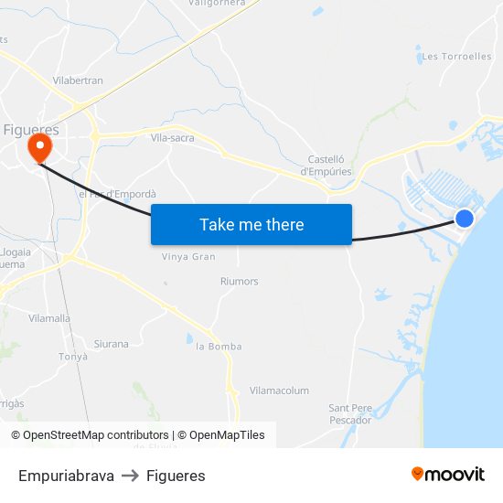 Empuriabrava to Figueres map