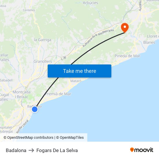 Badalona to Fogars De La Selva map