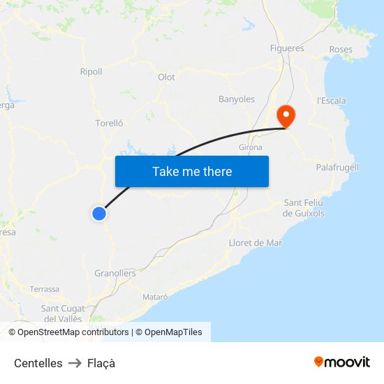 Centelles to Flaçà map