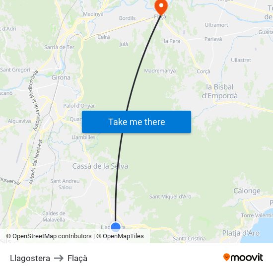 Llagostera to Flaçà map
