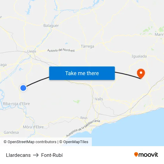 Llardecans to Font-Rubí map