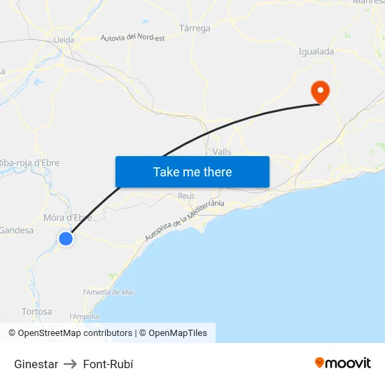 Ginestar to Font-Rubí map
