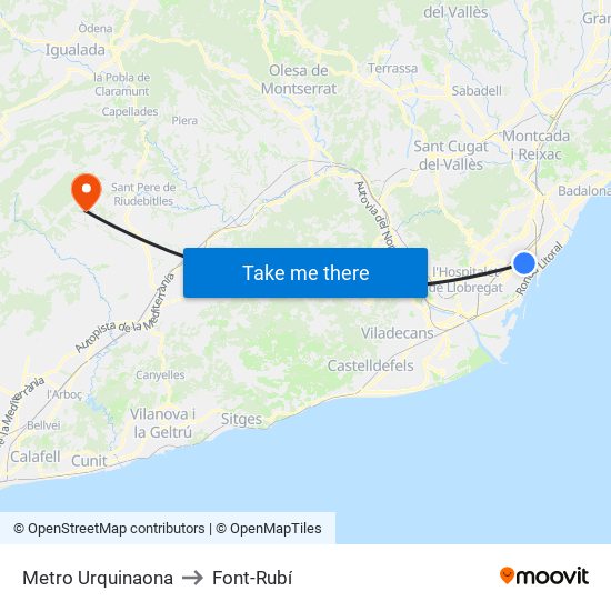 Metro Urquinaona to Font-Rubí map