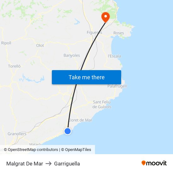 Malgrat De Mar to Garriguella map