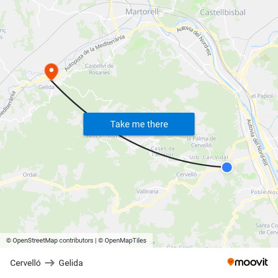 Cervelló to Gelida map