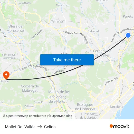 Mollet Del Vallès to Gelida map
