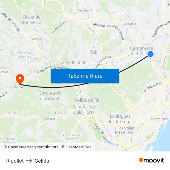 Ripollet to Gelida map