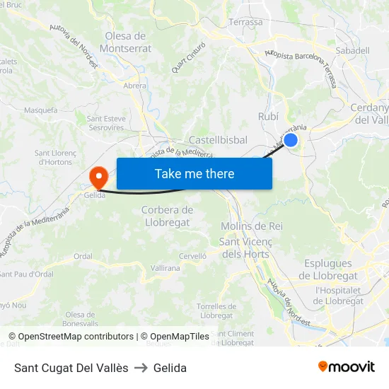 Sant Cugat Del Vallès to Gelida map