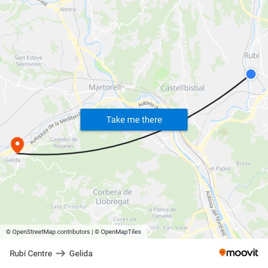 Rubí Centre to Gelida map