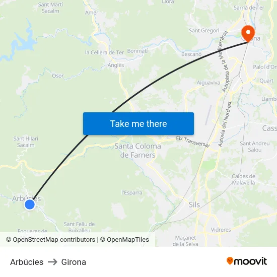 Arbúcies to Girona map