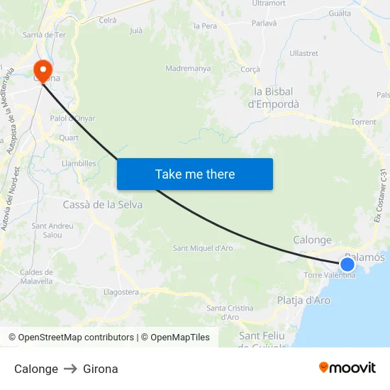 Calonge to Girona map