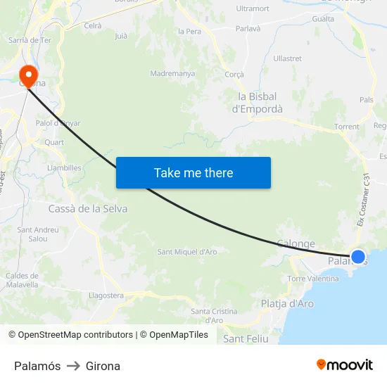 Palamós to Girona map