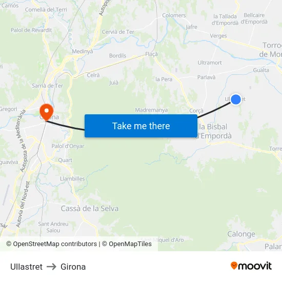 Ullastret to Girona map