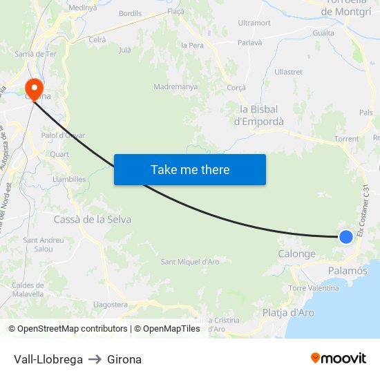 Vall-Llobrega to Girona map