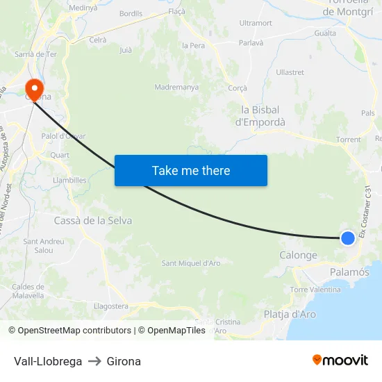 Vall-Llobrega to Girona map
