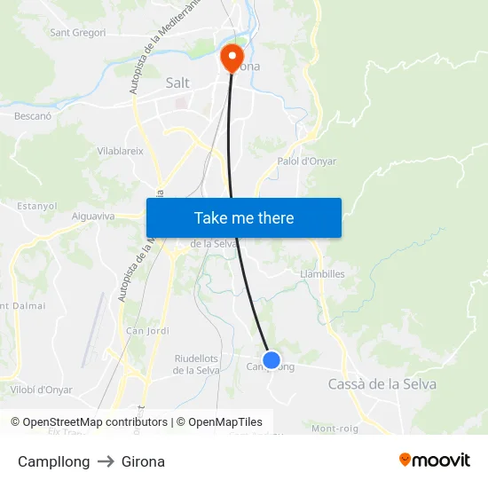 Campllong to Girona map