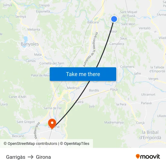 Garrigàs to Girona map