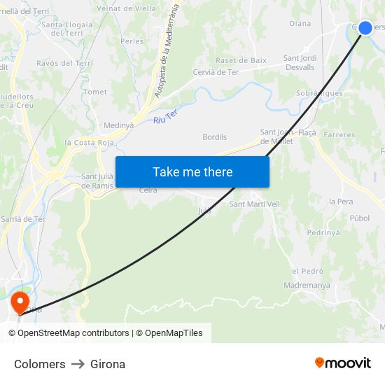 Colomers to Girona map