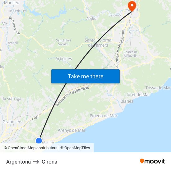 Argentona to Girona map