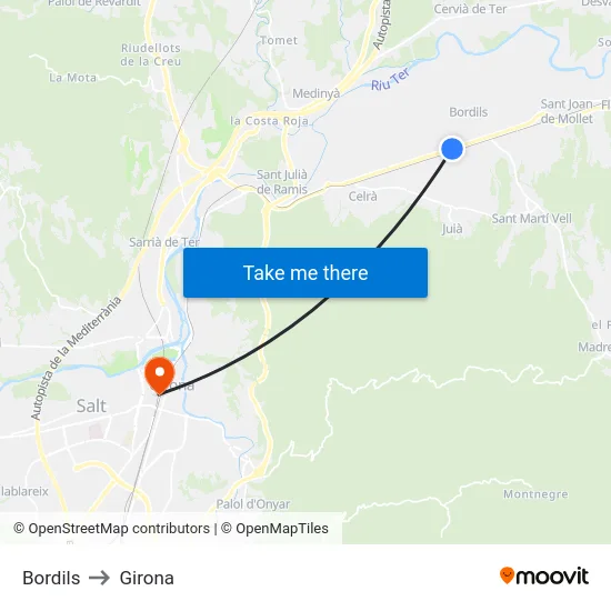 Bordils to Girona map