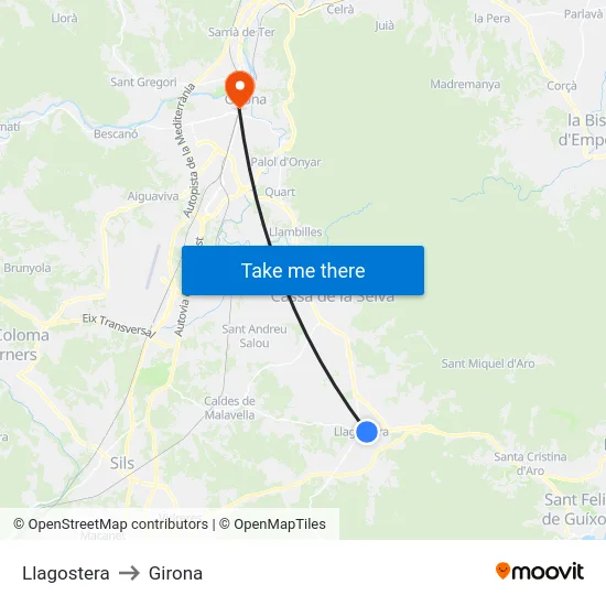 Llagostera to Girona map