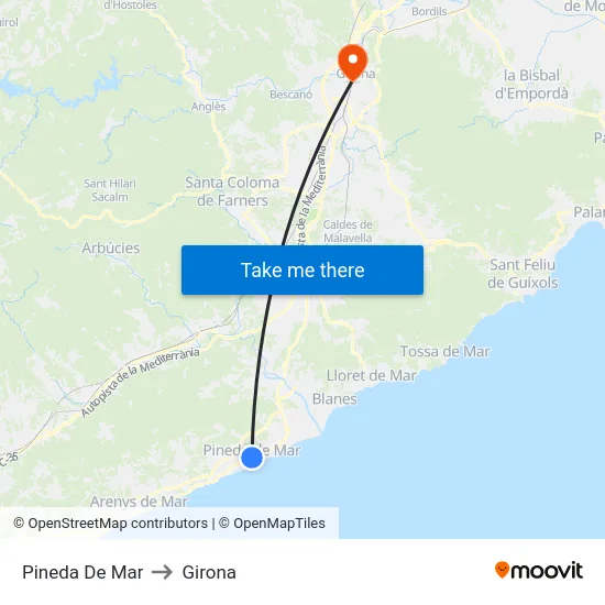 Pineda De Mar to Girona map