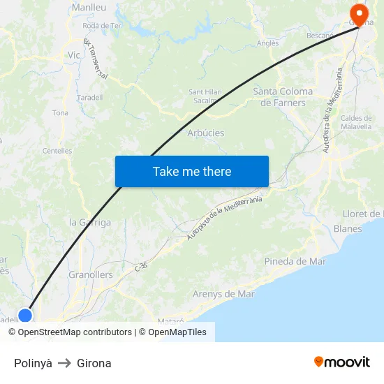 Polinyà to Girona map