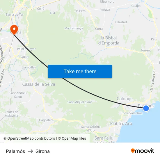 Palamós to Girona map