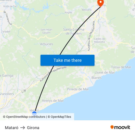 Mataró to Girona map