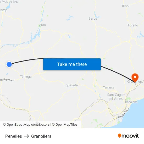Penelles to Granollers map