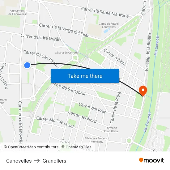 Canovelles to Granollers map